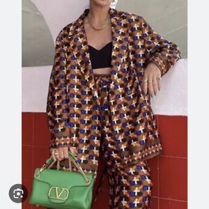 Zara Geometric Brown and Blue Blazer Pants Set